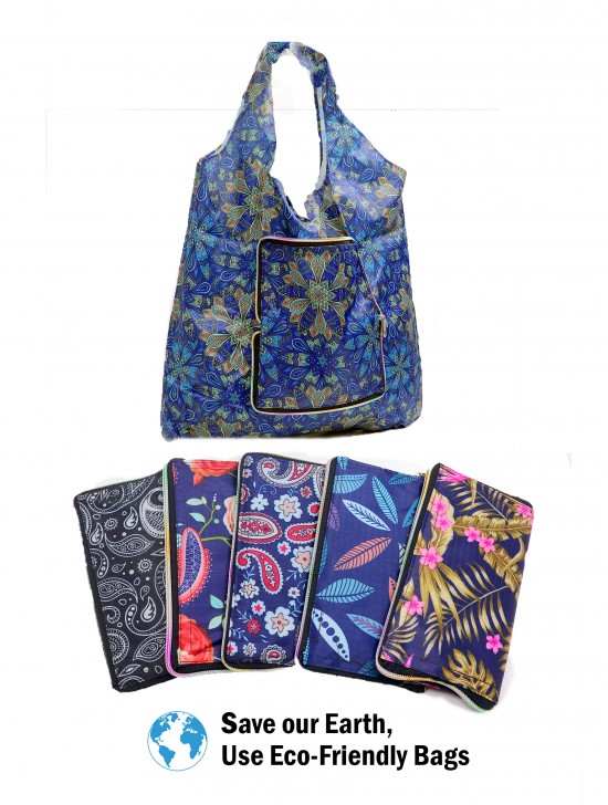 Abstract Flower Themed Reusable Foldable Shopping Bags W/ Zipper(6 pcs)